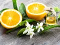 Oranges, leaves, and delicate fleur d'oranger blossoms surround a small bottle of essential oil, evoking the scent of citrus groves.