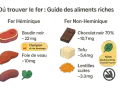 Guide des aliments riches en fer : boudin noir, foie de veau, chocolat noir, tofu, lentilles. Certains légumes sont aussi une source de fer.