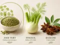 Un bol de graines d'anis vert, un bulbe de fenouil et des fruits étoilés de badiane.
