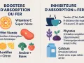 Vitamine C, viande, lentilles et avoine sont des boosters d'absorption du fer. Le calcium, les tanins et phytates l'inhibent.