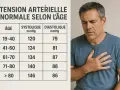 Tableau de tension artérielle normale selon l'âge, avec un homme se tenant la poitrine.