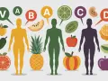 Trois silhouettes humaines entourées de fruits et légumes, symbolisant une cure de vitamine.
