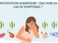Une femme souffre de symptômes d'intoxication alimentaire. Elle a le visage couvert de sueur et se tient le ventre. Autour d'elle, des aliments comme du bœuf, des crevettes et du poisson suggèrent la cause. Le traitement de l'intoxication alimentaire e...