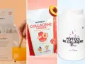 Trois produits de beauté : une boîte de sachets de collagène, un sachet de collagène marin pêche, et un pot de peptides de collagène.