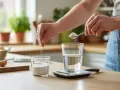 Préparation d'une boisson : une main verse du bicarbonate de soude dans un verre d'eau, tandis qu'une autre main ajoute une pincée du même produit dans un pot. Le dosage bicarbonate de soude à boire est précis.