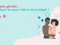 Herpès génital : parlons-en pour mieux se protéger ! L'image montre un couple et des symboles de contraception, suggérant des moyens de prévention.