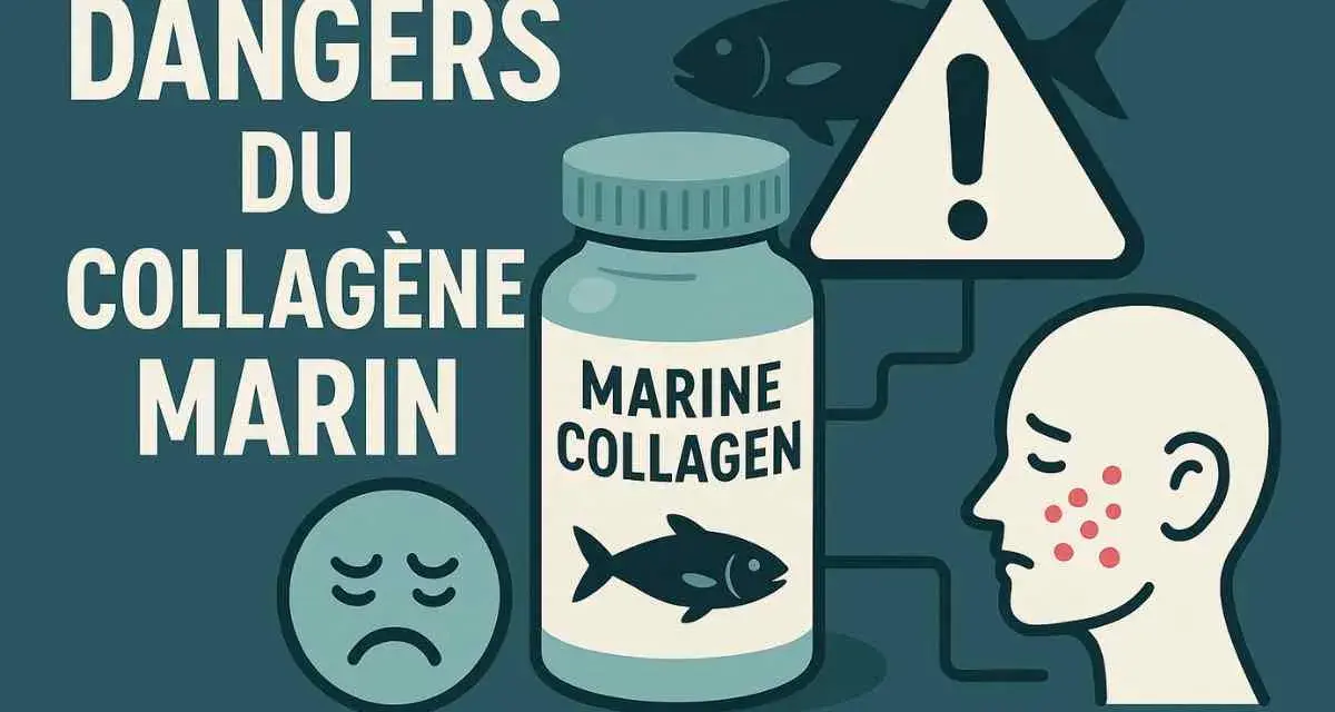 Illustration des dangers du collagène marin : une bouteille, un visage avec des boutons, un panneau d'avertissement et un poisson.