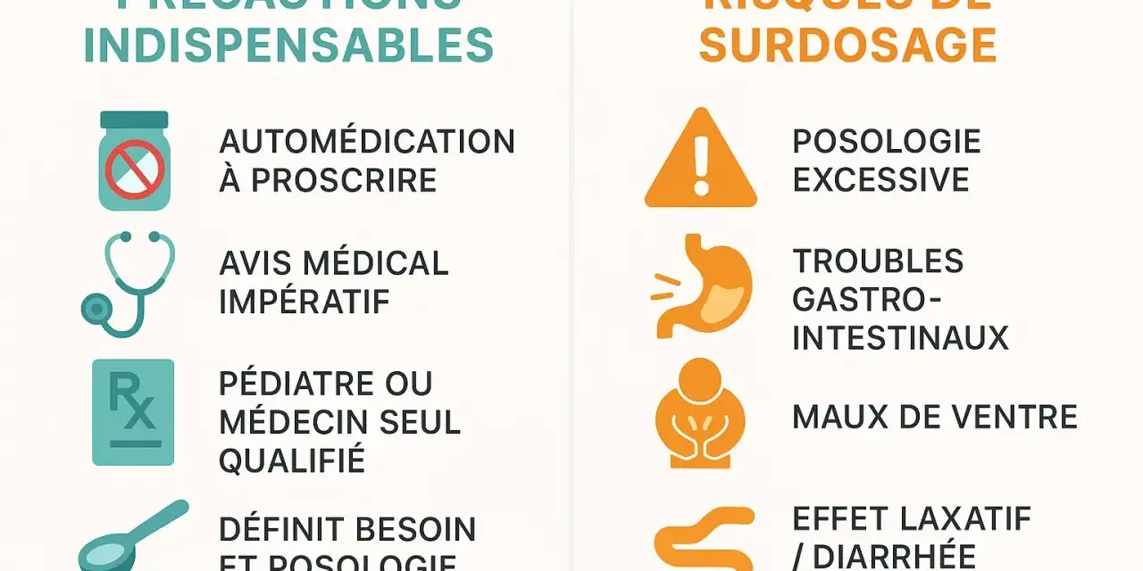 Précautions et risques de surdosage du malate de magnésium : automédication à proscrire, avis médical impératif, troubles gastro-intestinaux, maux de ventre, effet laxatif/diarrhée.