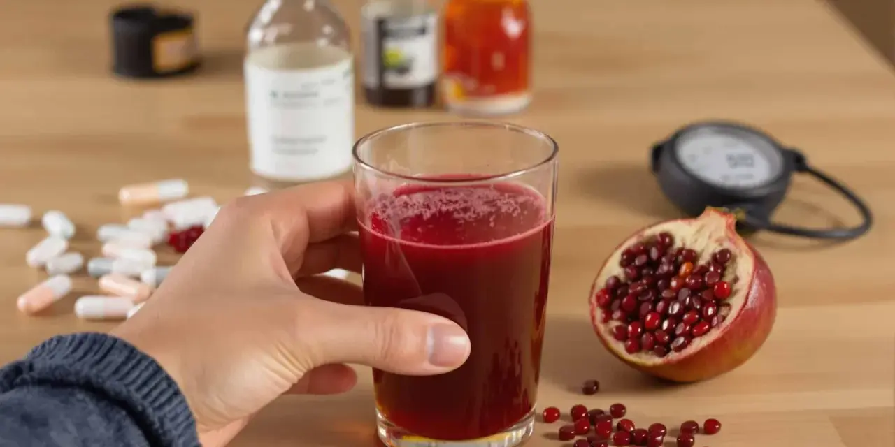 Main d'une personne tenant un verre de jus de grenade, avec une moitié de grenade, des pilules et des flacons en arrière-plan. Le jus de grenade est connu pour ses nombreux bienfaits.