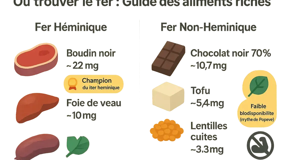 Guide des aliments riches en fer : boudin noir, foie de veau, chocolat noir, tofu, lentilles. Certains légumes sont aussi une source de fer.