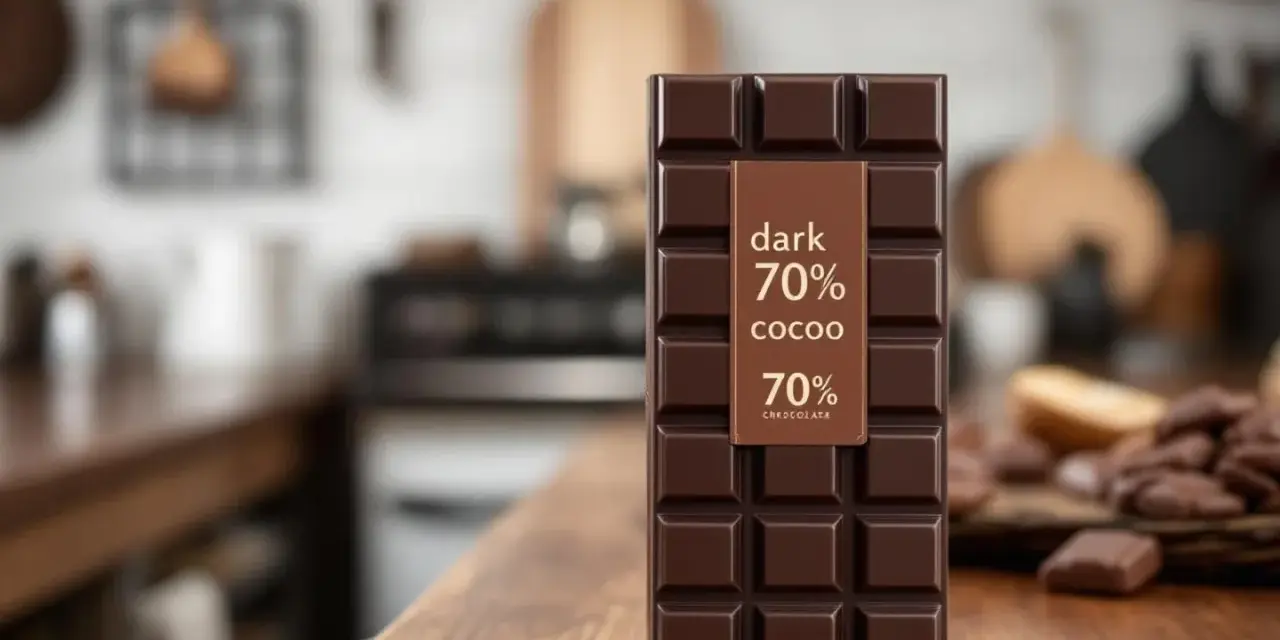 Une tablette de chocolat noir 70% cacao, promesse de bienfaits pour la santé et de plaisir gustatif, posée sur un plan de travail en bois.