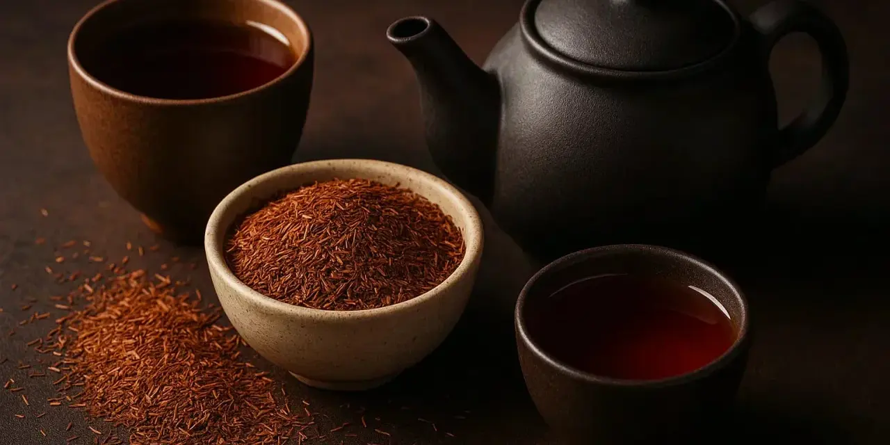 Découvrez le rooibos : une théière et des tasses de thé rouge ambré, avec un bol de feuilles de rooibos séchées.