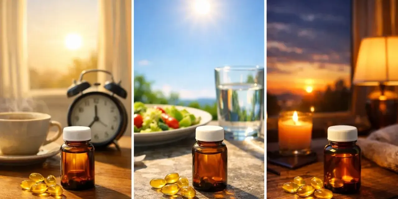 Quand prendre des vitamines ? Matin, midi, soir : des pilules à côté d'un café, d'une salade ou d'une bougie.