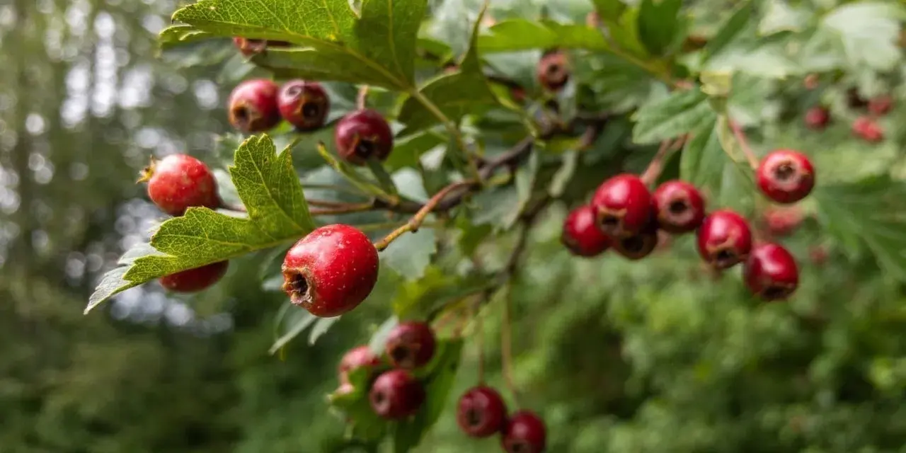 Grappe de fruits rouges d'aubépine, connus pour leurs bienfaits pour la santé. Les baies sont mûres sur la branche feuillue.