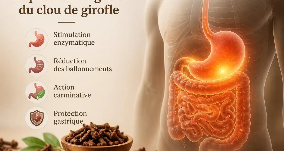 Le clou de girofle stimule la digestion, réduit les ballonnements et protège l'estomac. Illustration du système digestif humain.
