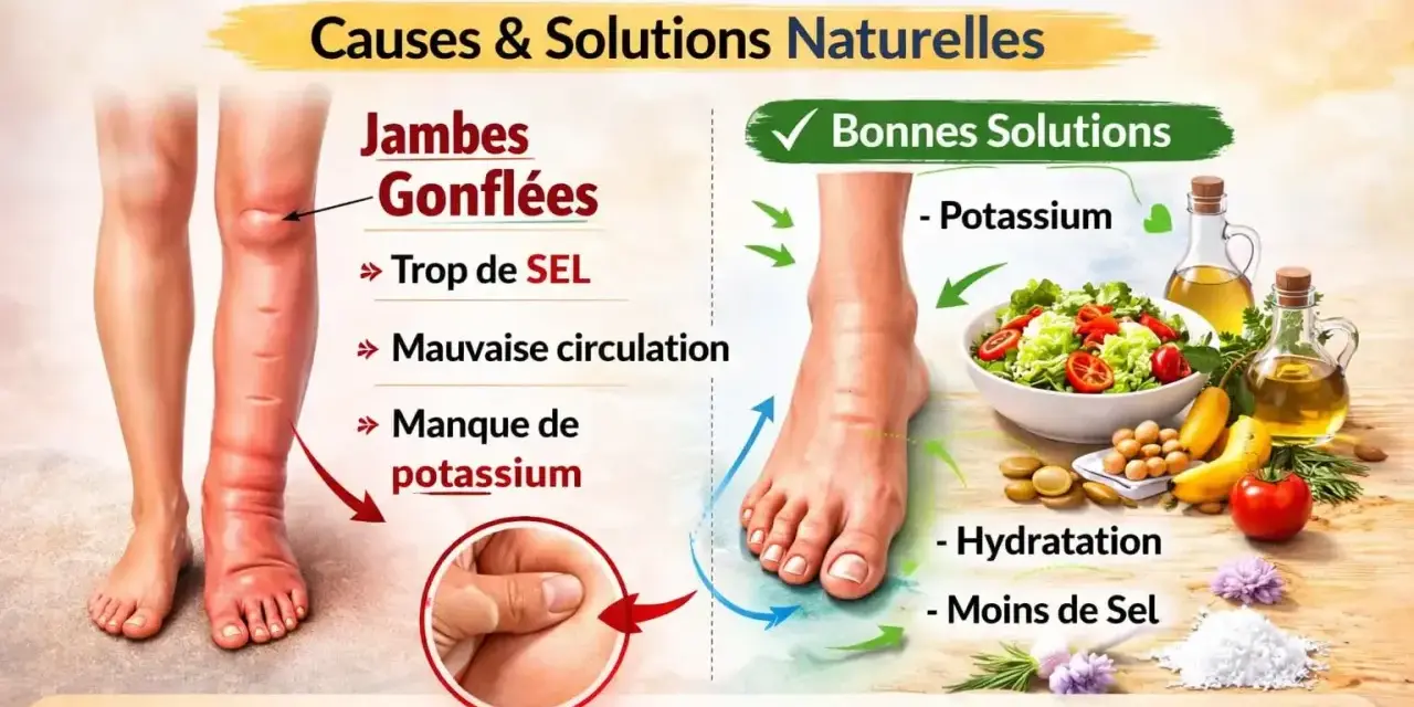 Jambes gonflées dues à la rétention d'eau. Le manque de potassium est une cause, les bonnes solutions incluent une alimentation riche en potassium.