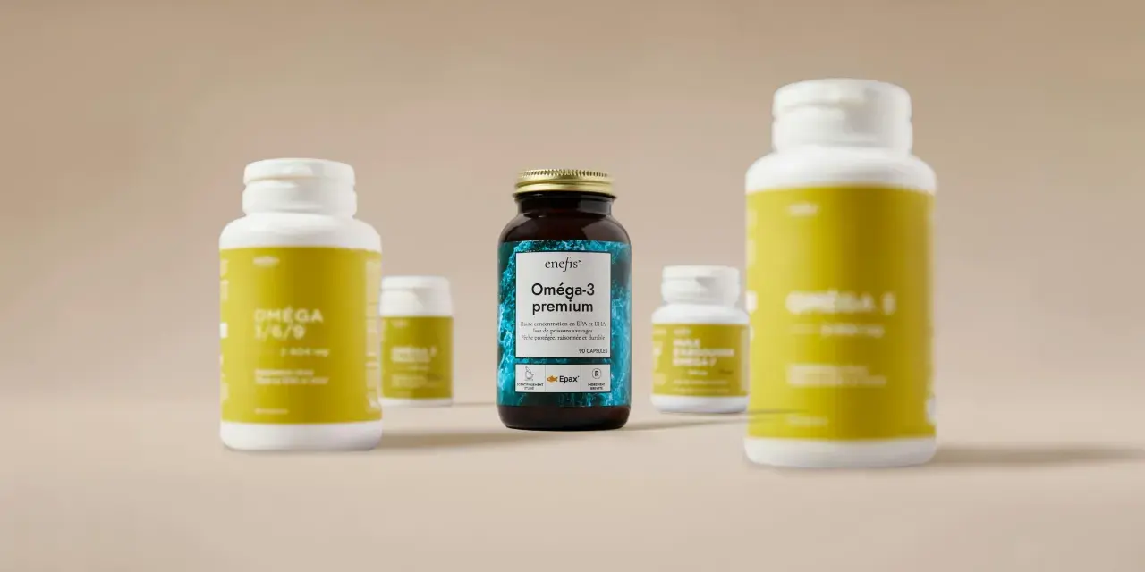 Plusieurs flacons de compléments alimentaires, dont un Oméga-3 premium, sont présentés sur un fond neutre.