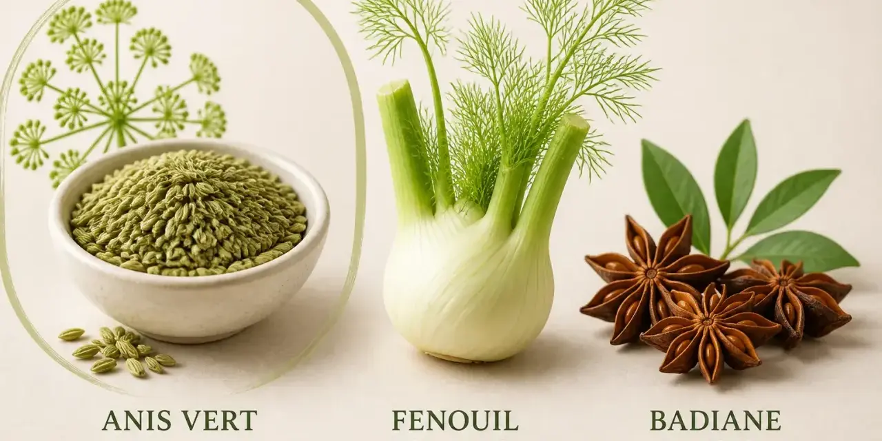 Un bol de graines d'anis vert, un bulbe de fenouil et des fruits étoilés de badiane.