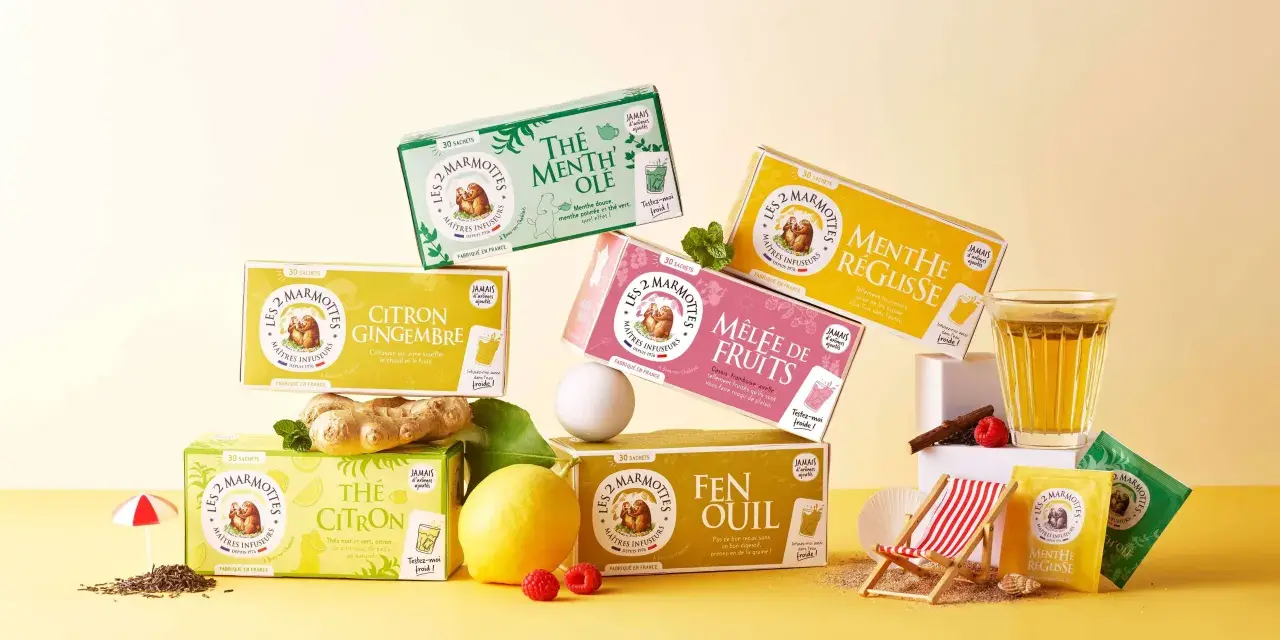 Boîtes de thés et infusions à froid Les 2 Marmottes : Menthe Ole, Citron Gingembre, Menthe Réglisse, Mélée de Fruits, Thé Citron, Fenouil.