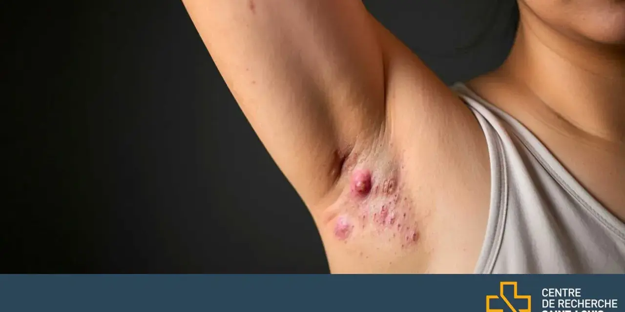 Gros plan sur une aisselle présentant plusieurs boutons rouges et enflammés, certains ressemblant à des kystes.