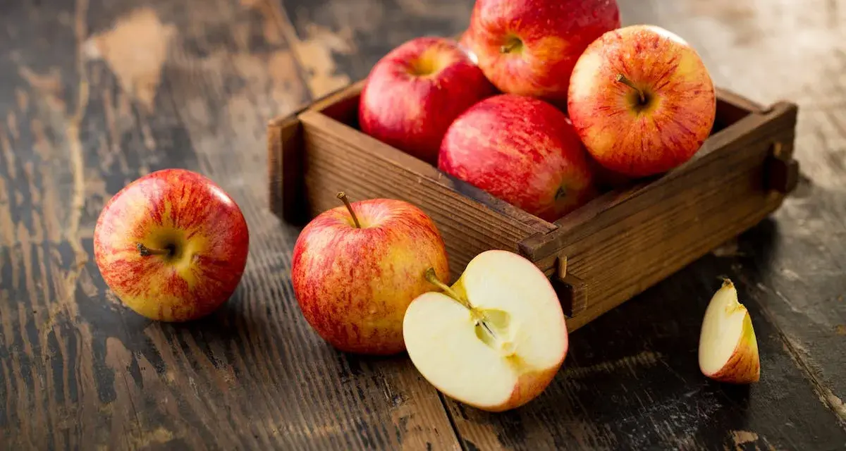 Des pommes rouges et jaunes dans une caisse en bois sur une table rustique. Une pomme est coupée en deux, révélant sa chair blanche. Ces fruits sont un concentré de pomme bienfaits.