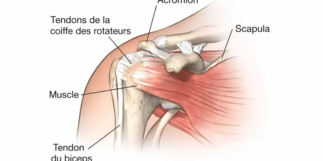 Anatomie de l'épaule montrant les tendons de la coiffe des rotateurs, le muscle, le tendon du biceps, l'acromion et la scapula.