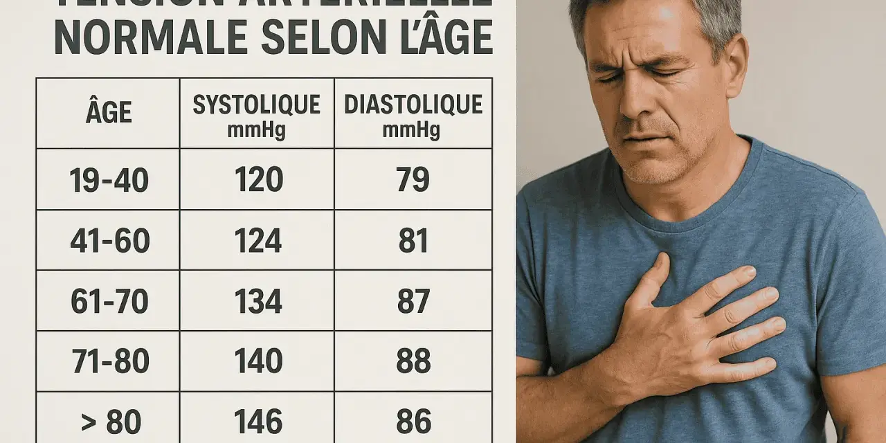Tableau de tension artérielle normale selon l'âge, avec un homme se tenant la poitrine.
