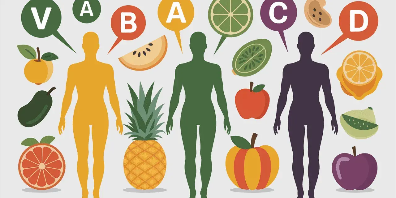 Trois silhouettes humaines entourées de fruits et légumes, symbolisant une cure de vitamine.