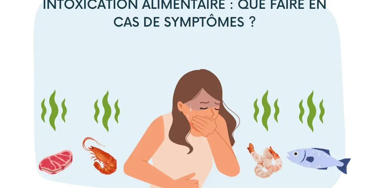 Une femme souffre de symptômes d'intoxication alimentaire. Elle a le visage couvert de sueur et se tient le ventre. Autour d'elle, des aliments comme du bœuf, des crevettes et du poisson suggèrent la cause. Le traitement de l'intoxication alimentaire e...