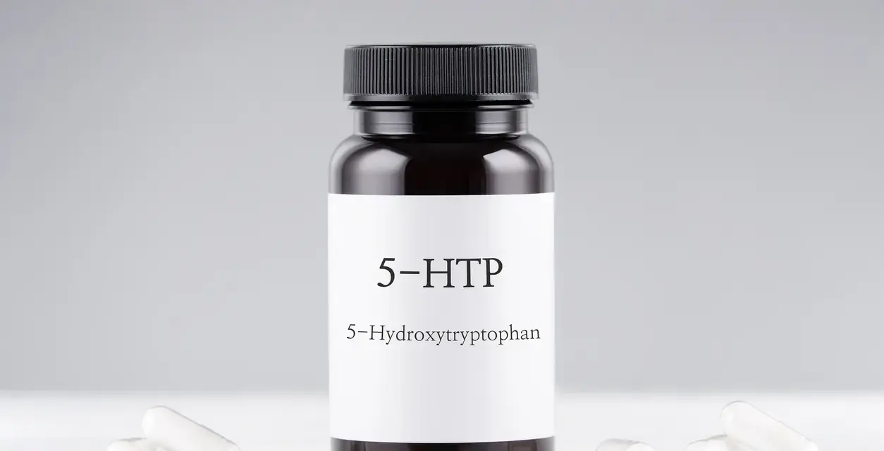 Bouteille de 5-HTP, un supplément dérivé de la griffonia, connu pour ses bienfaits sur l'humeur et le sommeil.