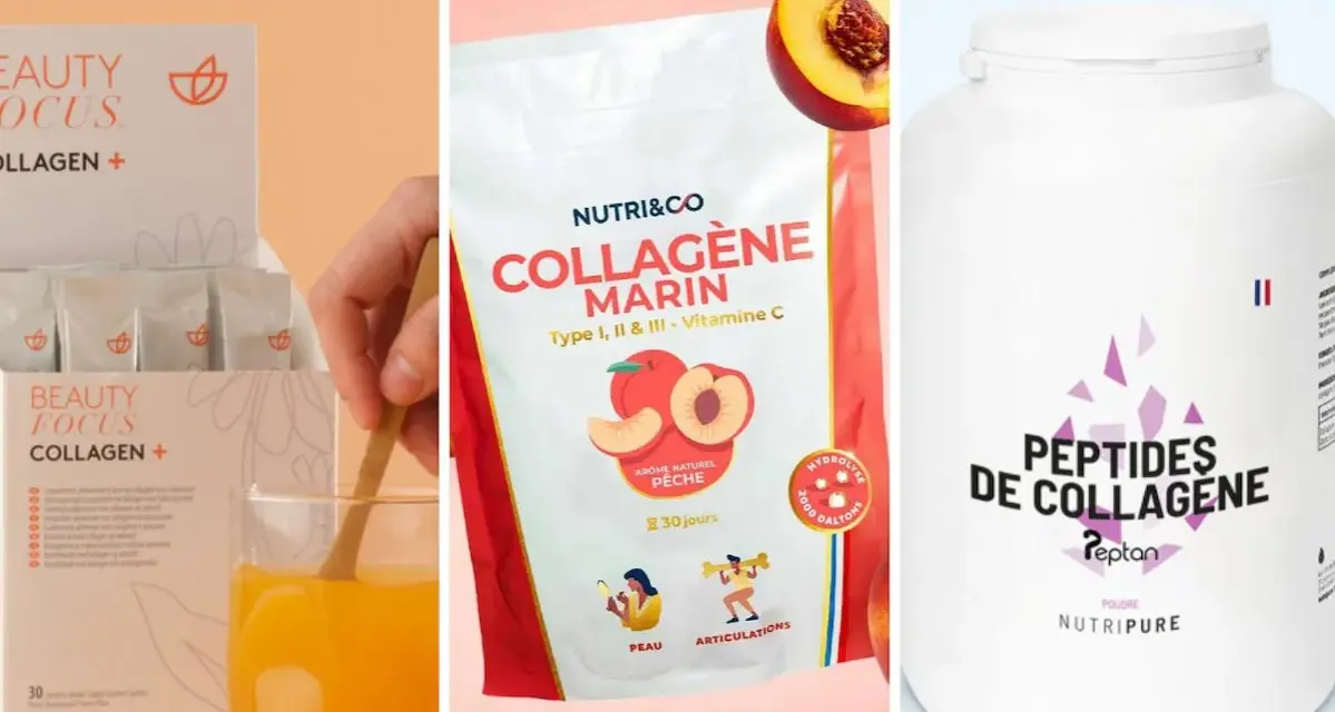 Trois produits de beauté : une boîte de sachets de collagène, un sachet de collagène marin pêche, et un pot de peptides de collagène.