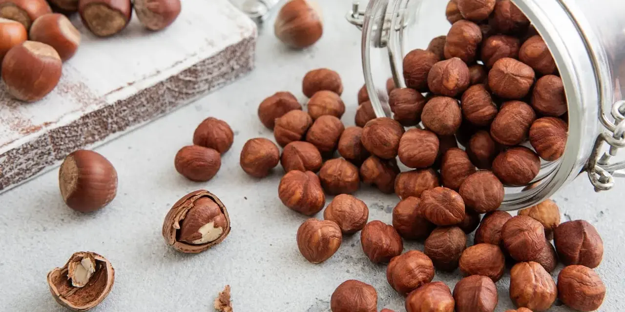 Des noisettes bienfaits : une poignée de ces fruits secs, certains dans un bocal renversé, d'autres sur une planche en bois, promettent une alimentation saine.