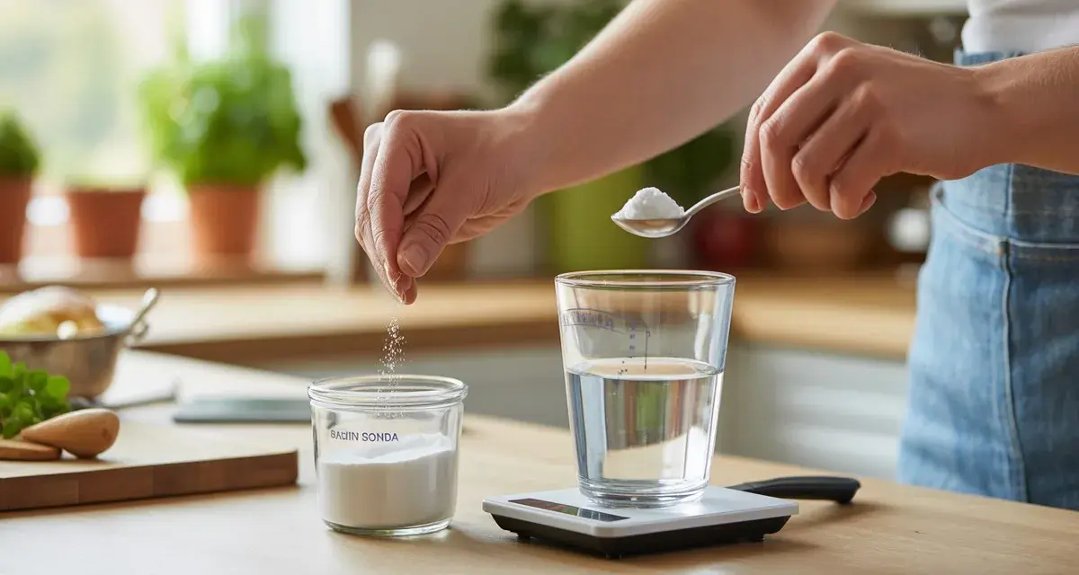 Préparation d'une boisson : une main verse du bicarbonate de soude dans un verre d'eau, tandis qu'une autre main ajoute une pincée du même produit dans un pot. Le dosage bicarbonate de soude à boire est précis.
