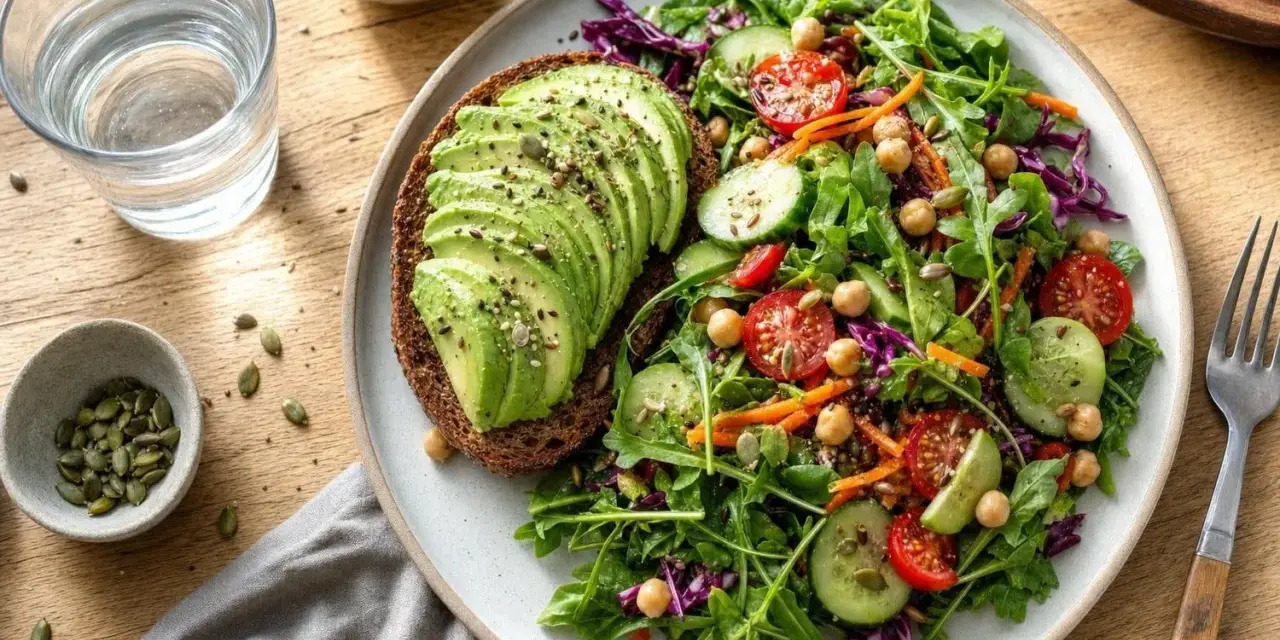 Tranche de pain complet garnie d'avocat tranché, accompagnée d'une salade colorée. L'avocat, bienfait pour la santé, est ici sublimé.