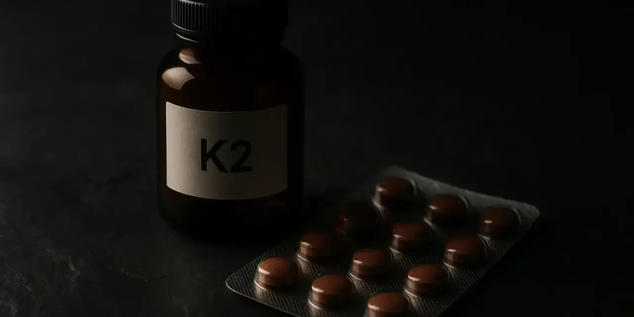 Flacon étiqueté K2 et blister de pilules sur fond sombre. Attention au vitamine k danger.