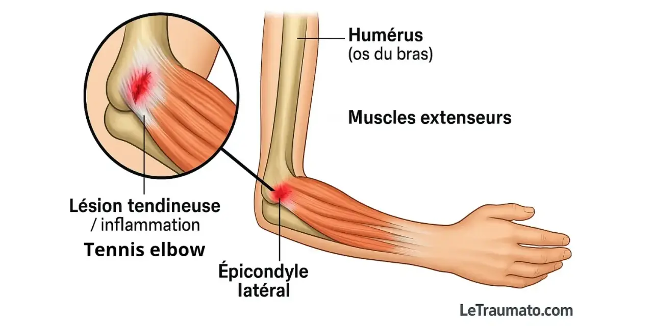 Illustration d'une tendinite du coude, aussi appelée "tennis elbow", montrant l'inflammation de l'épicondyle latéral.