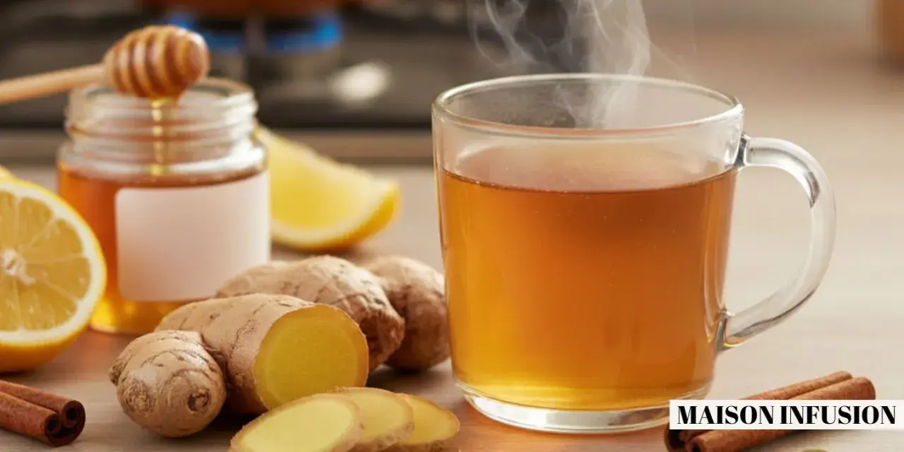 Une tasse fumante d'infusion gingembre, avec du miel, du citron et des épices. Parfait pour se réchauffer.