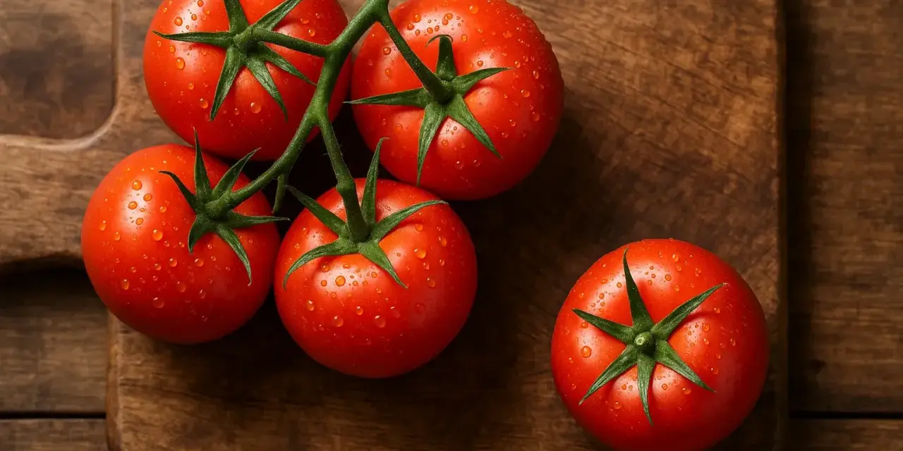 Cinq tomates rouges et juteuses, couvertes de gouttelettes d'eau, reposent sur une planche à découper en bois. Une faible calorie tomate pour une alimentation saine.