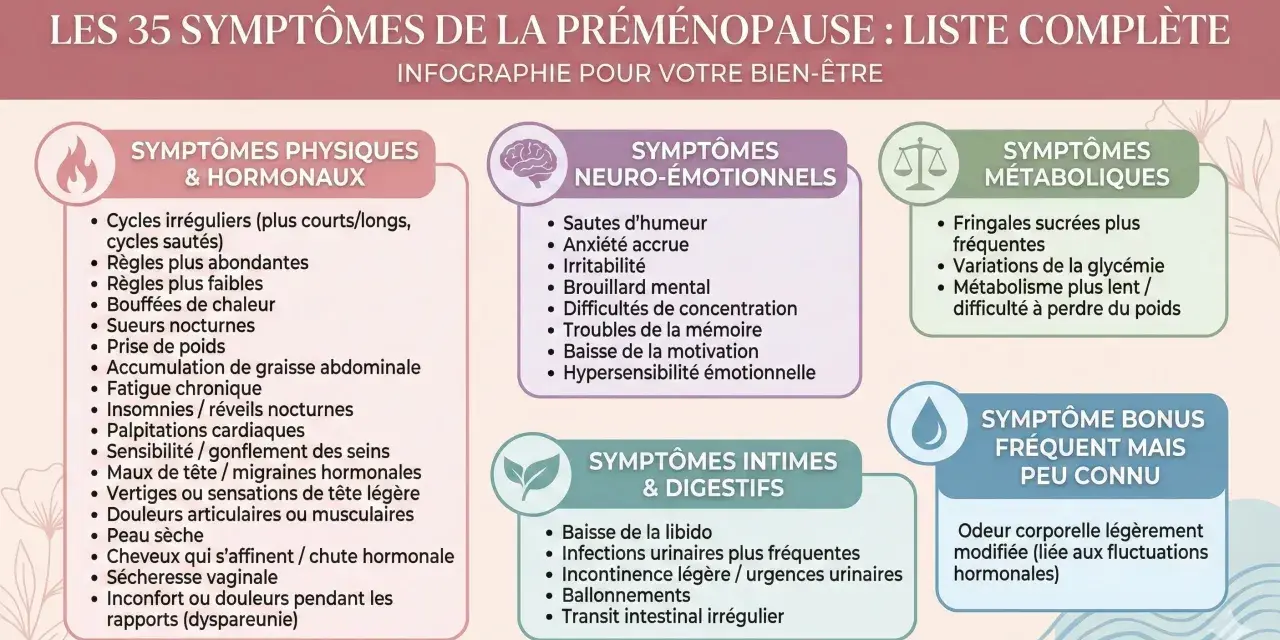 Infographie listant les 35 symptômes de la préménopause, incluant des signes physiques, neuro-émotionnels, intimes, digestifs et métaboliques.
