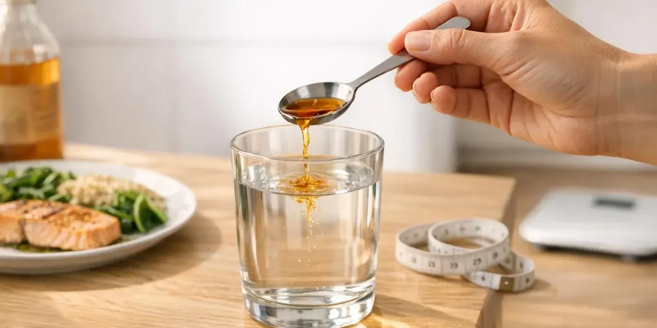 Une cuillère verse du vinaigre de cidre dans un verre d'eau. À côté, un plat de saumon et des légumes, une balance et un mètre ruban suggèrent un repas sain.
