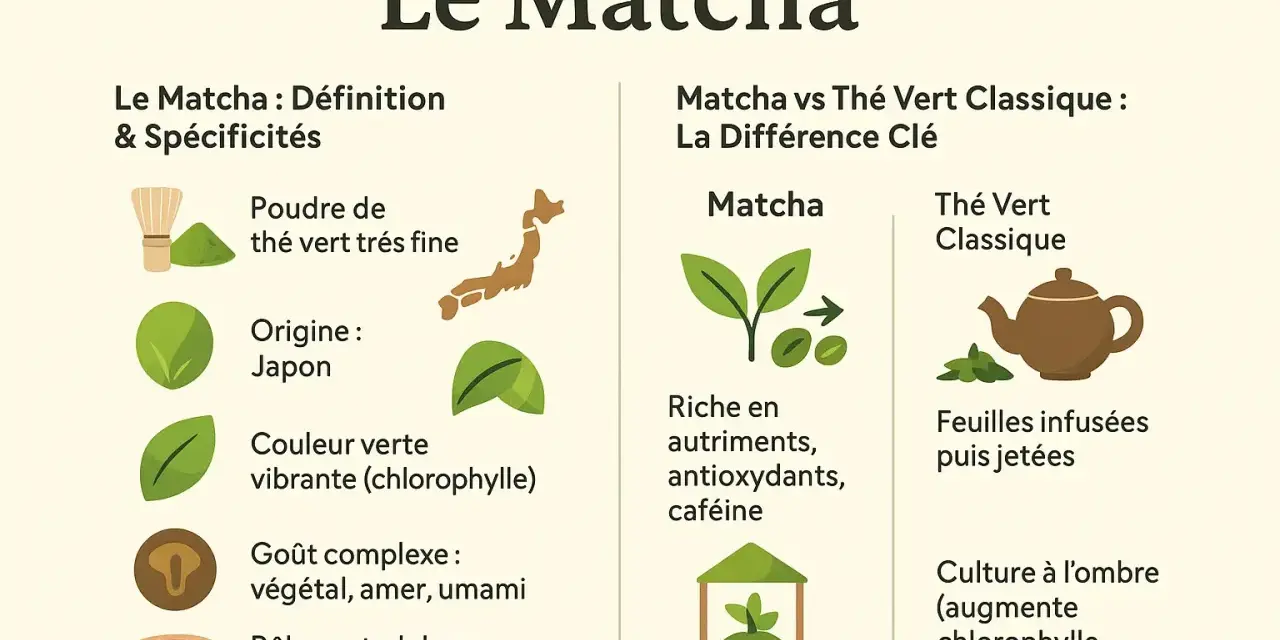 Infographie sur le matcha : poudre fine, origine Japon, couleur verte vibrante, goût complexe. Ses thé bienfaits incluent antioxydants et L-théanine.