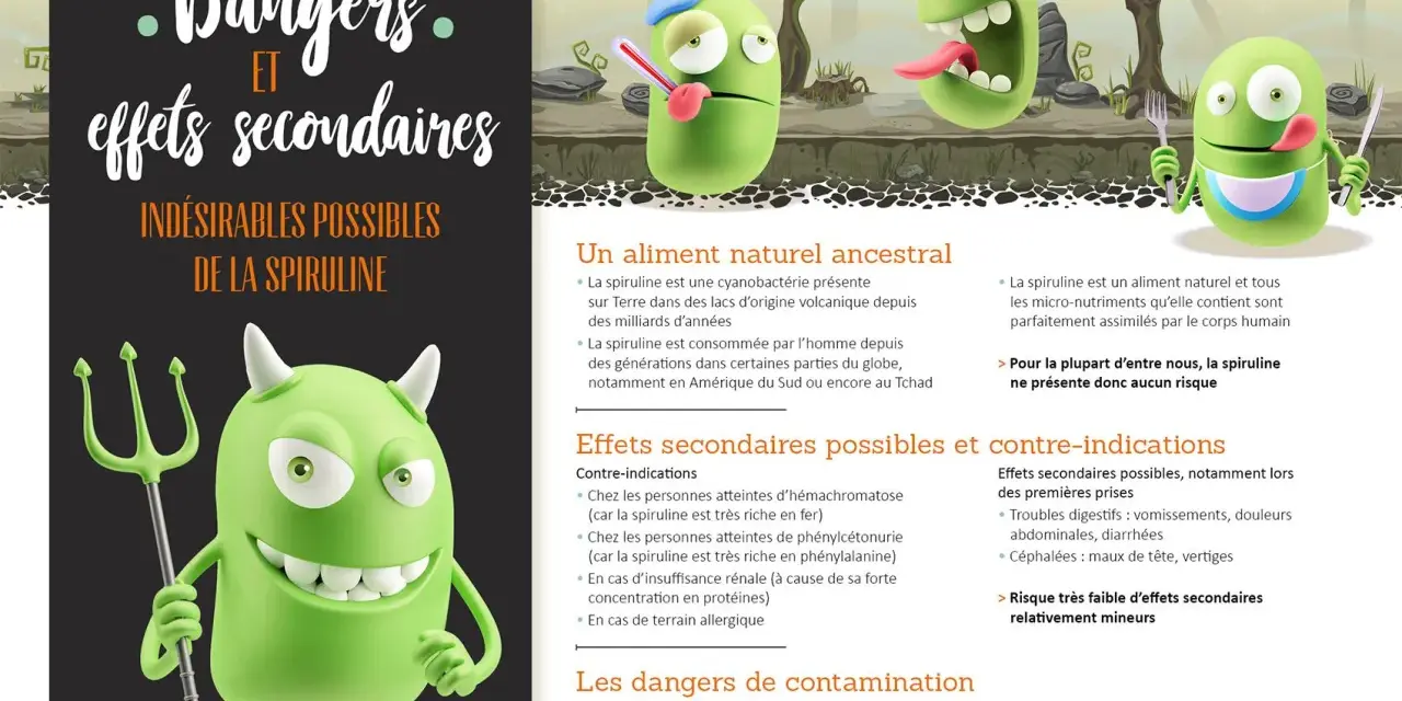 Le diable vert brandit sa fourche, avertissant des dangers et effets secondaires indésirables possibles de la spiruline.