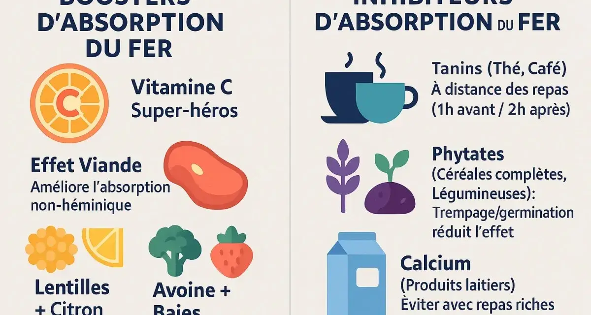 Vitamine C, viande, lentilles et avoine boostent l'absorption du fer. Évitez thé, café, phytates et calcium avec les repas pour optimiser à quel moment de la journée prendre du fer.