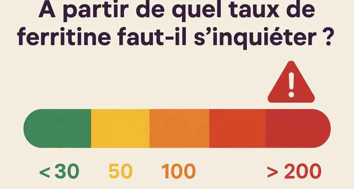 Graphique indiquant les taux de ferritine. Un taux élevé peut être un symptôme à surveiller. Le rouge (>200) signale un danger.