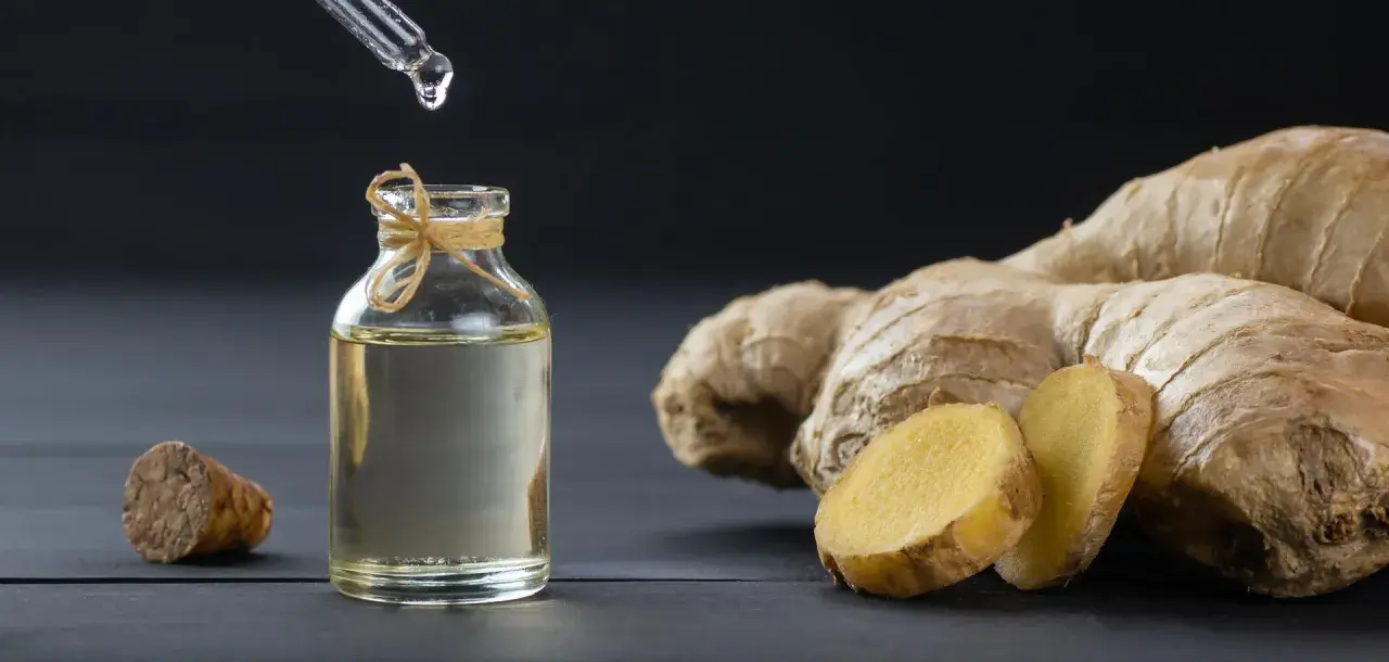 Goutte d'huile essentielle de gingembre aphrodisiaque tombant dans un flacon, à côté de racines de gingembre fraîches.