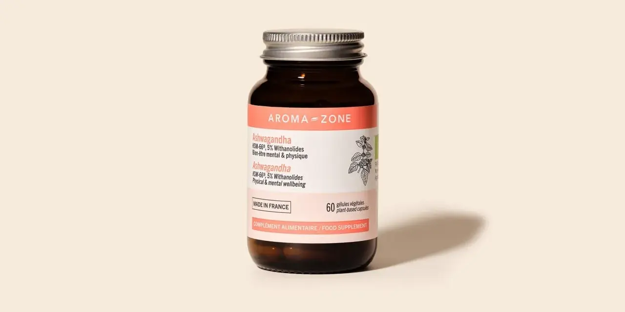 Flacon d'Ashwagandha Aroma-Zone, 60 gélules végétales. Découvrez les ashwagandha bienfaits femme pour le bien-être mental et physique.