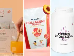 Trois produits de beauté : une boîte de sachets de collagène, un sachet de collagène marin pêche, et un pot de peptides de collagène.