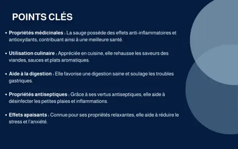 Points clés sur les sauge bienfaits : médicinales, culinaires, digestives, antiseptiques et apaisantes.