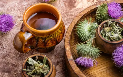 Une tasse de tisane chardon marie fumante, entourée de fleurs et de feuilles séchées de la plante.