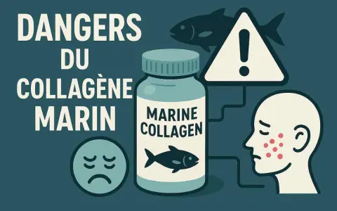 Illustration des dangers du collagène marin : une bouteille, un visage avec des boutons, un panneau d'avertissement et un poisson.
